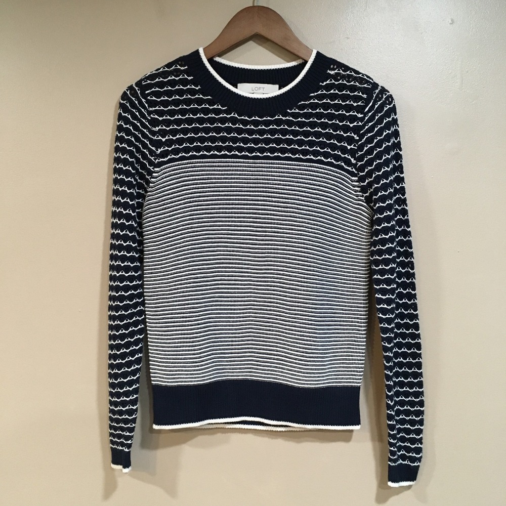 Loft Nautical Stripe Sweater Womens XS Navy White Coastal Fisherman Pointelle